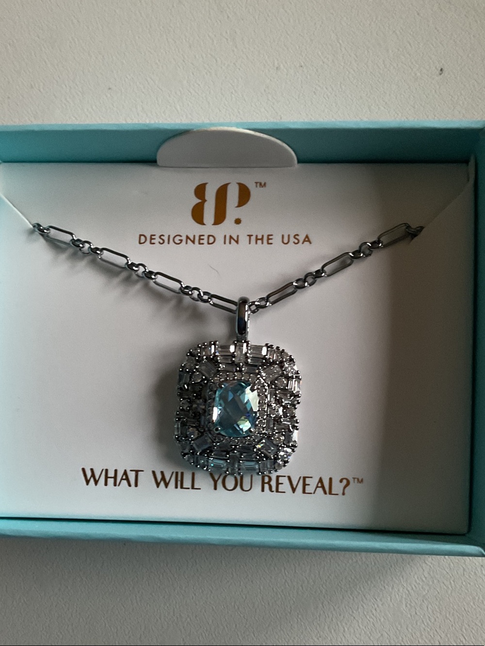 bp Silver Necklace with Light Blue Crystal Halo Pendant